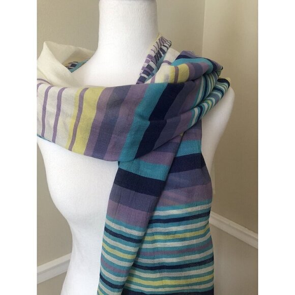 NWT Talbots Off White Scarf Purple Yellow Teal Stripes Cotton Silk - Picture 2 of 5